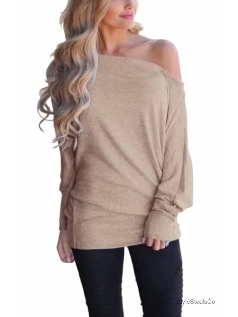 Lacozy Off Shoulder Long Sleeve Oversized Pullover Sweater Knit Tunic Top